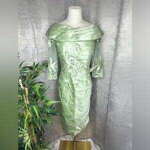 NWT TS Couture Off The Shoulder Pleated Wedding Sheath Dress Sage Green Small
